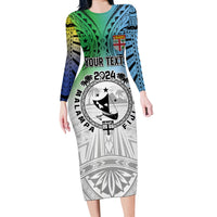 Malampa Fiji Day Long Sleeve Bodycon Dress Gradient Style LT7 Long Dress White - Polynesian Pride
