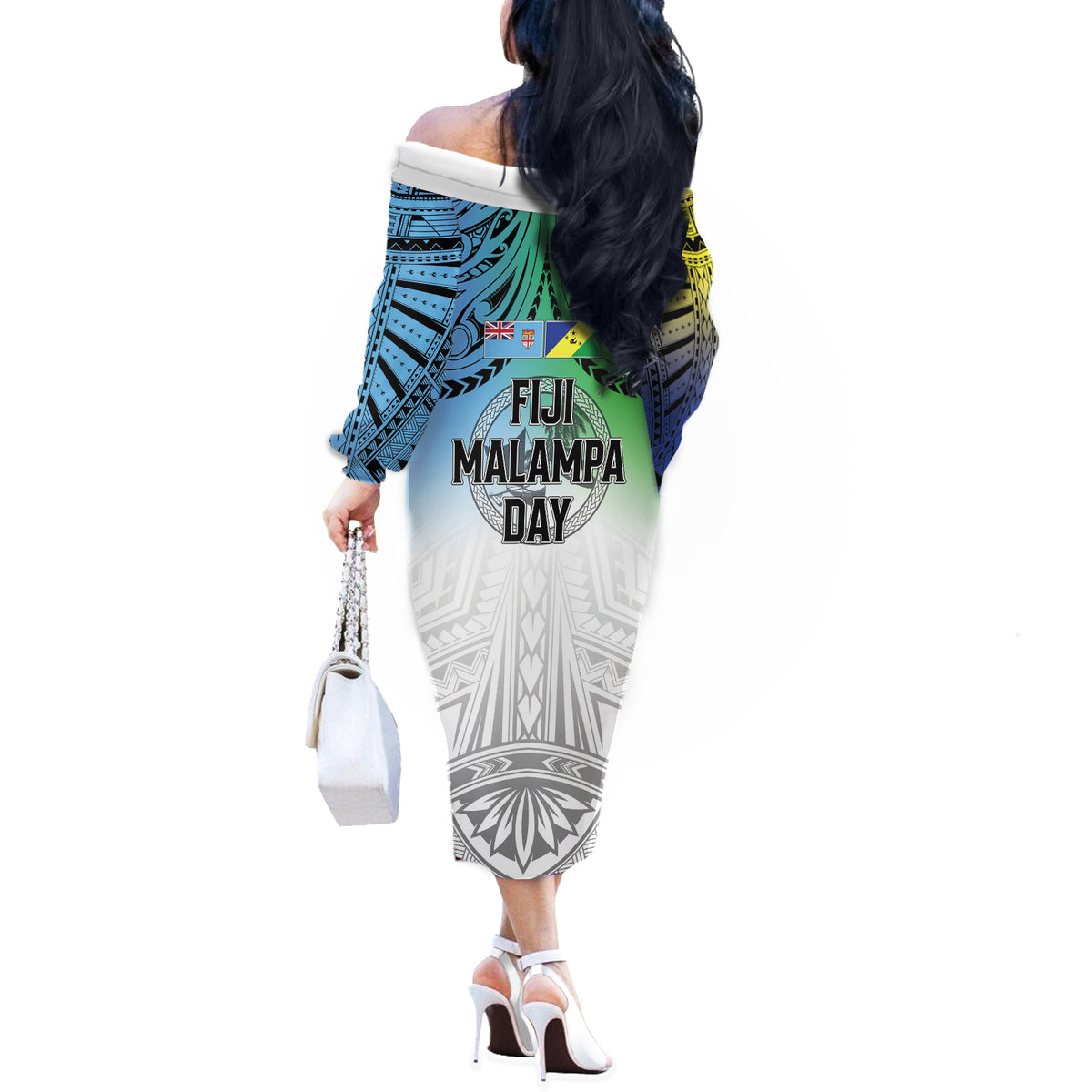 Malampa Fiji Day Off The Shoulder Long Sleeve Dress Gradient Style LT7 - Polynesian Pride