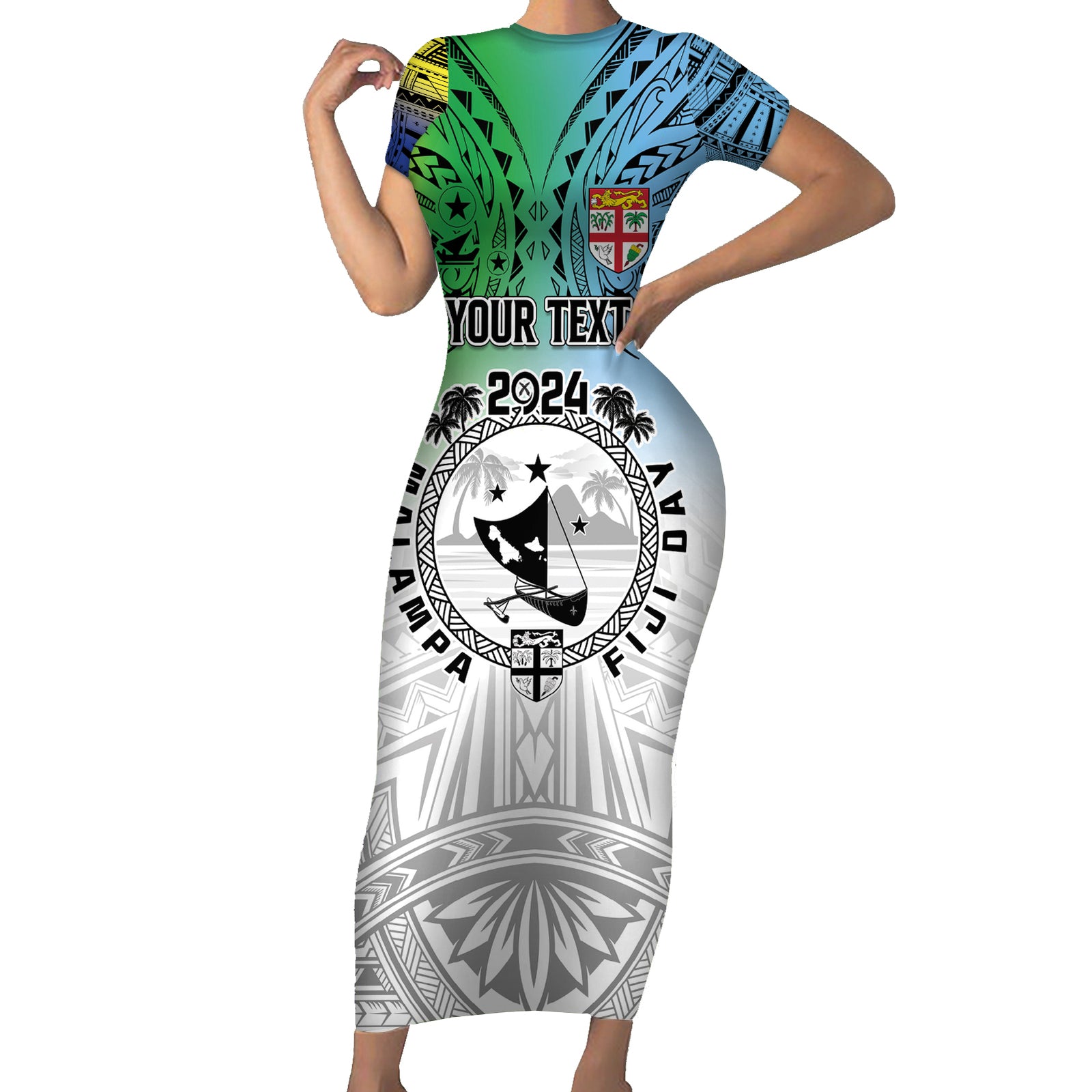 Malampa Fiji Day Short Sleeve Bodycon Dress Gradient Style LT7 Long Dress White - Polynesian Pride