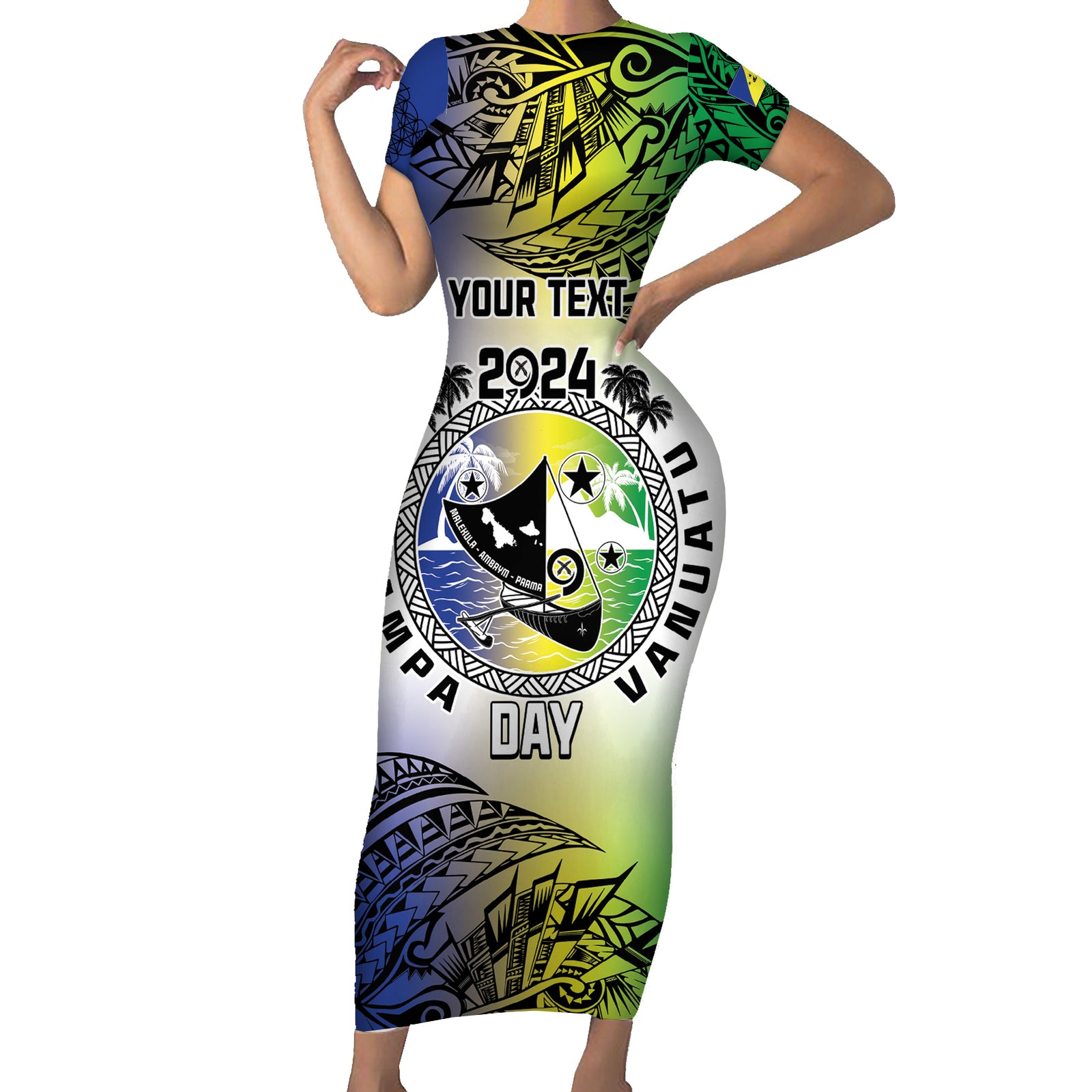 Malampa Day Short Sleeve Bodycon Dress Emblem Gradient Style LT7 Long Dress Colorful - Polynesian Pride