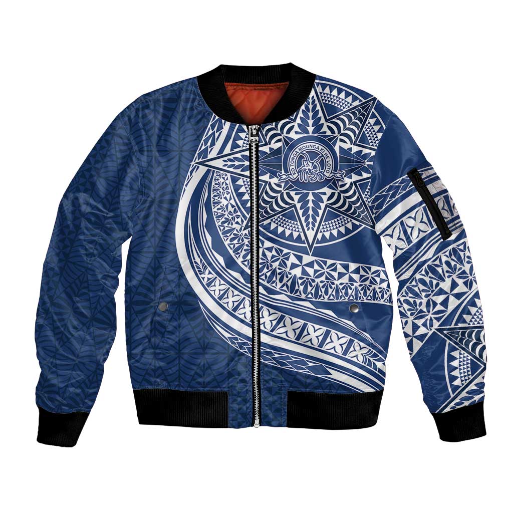 Tonga Queen Salote College Personalized Sleeve Zip Bomber Jacket Ngatu Tokelaufeletoa Motifs LT7 Unisex Navy Blue - Polynesian Pride