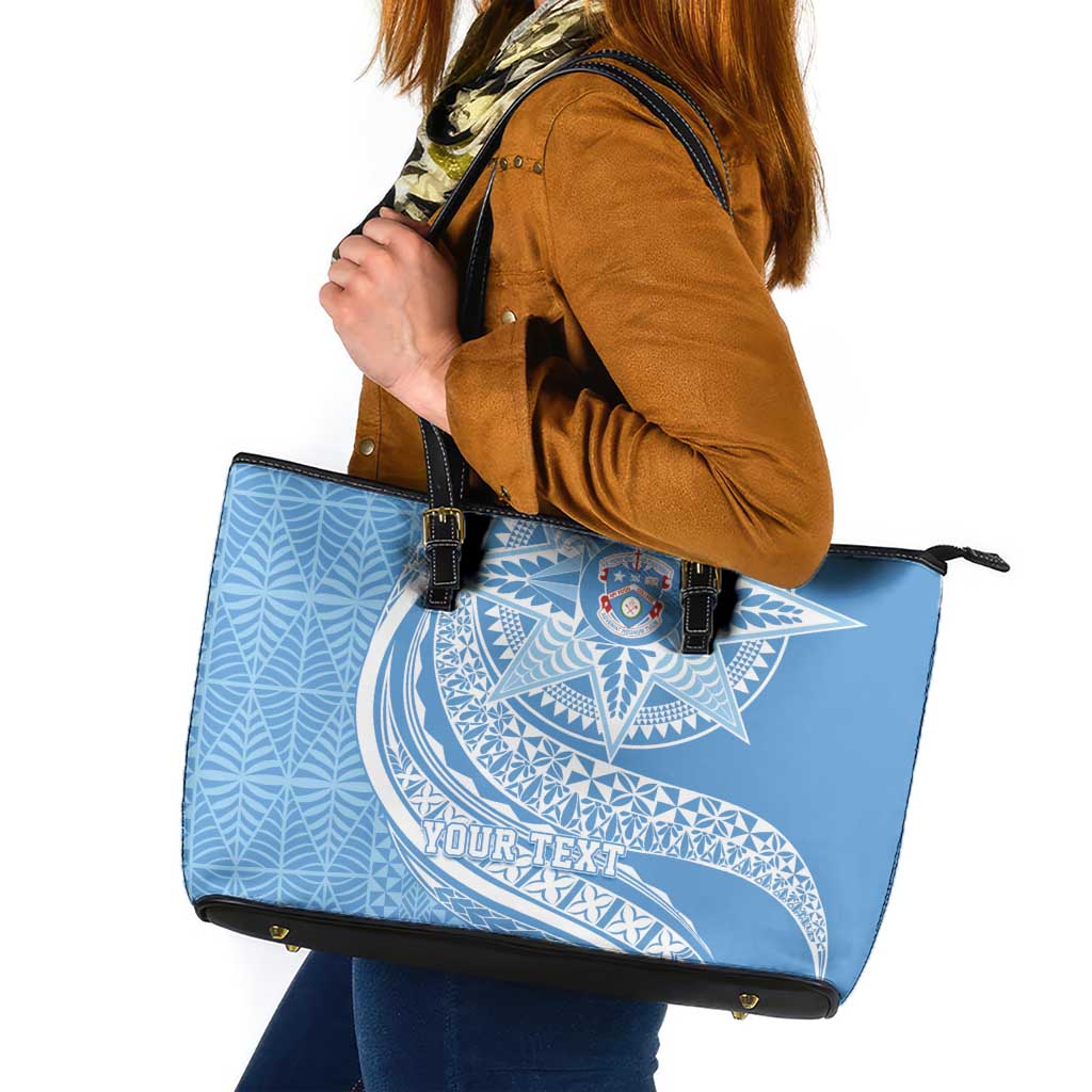 Tonga Apifo'ou Kolisi Personalized Leather Tote Bag Ngatu Tokelaufeletoa Motifs LT7 Light Blue - Polynesian Pride