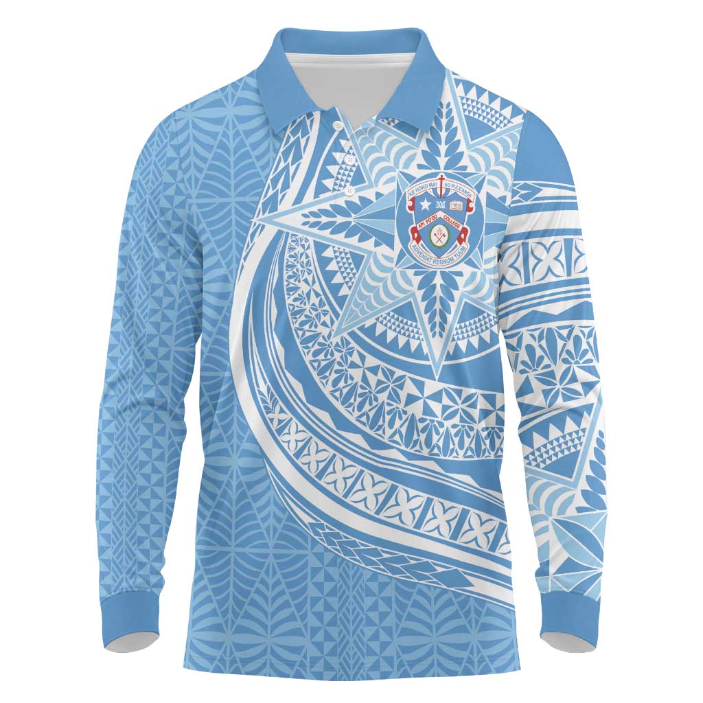 Tonga Apifo'ou Kolisi Personalized Long Sleeve Polo Shirt Ngatu Tokelaufeletoa Motifs LT7 Light Blue - Polynesian Pride
