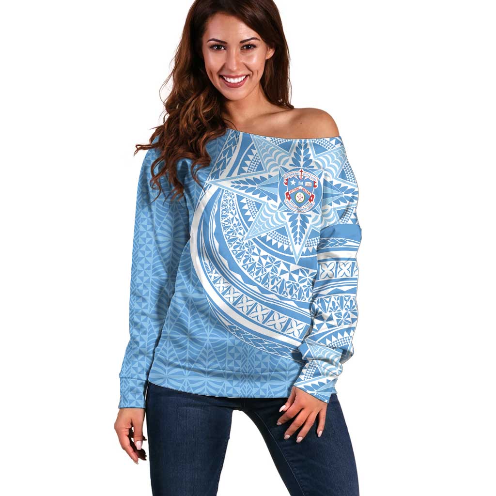 Tonga Apifo'ou Kolisi Personalized Off Shoulder Sweater Ngatu Tokelaufeletoa Motifs LT7 Women Light Blue - Polynesian Pride