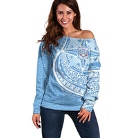 Tonga Apifo'ou Kolisi Personalized Off Shoulder Sweater Ngatu Tokelaufeletoa Motifs LT7 Women Light Blue - Polynesian Pride