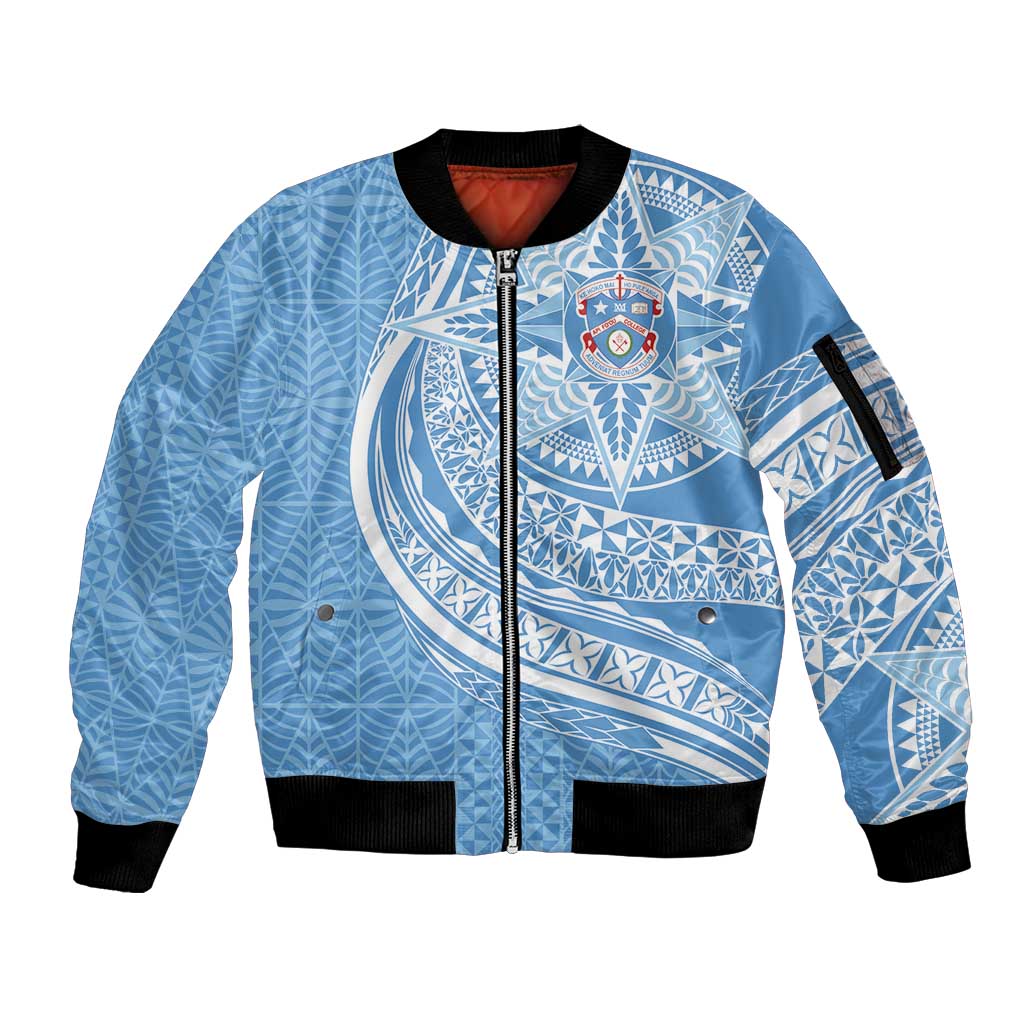Tonga Apifo'ou Kolisi Personalized Sleeve Zip Bomber Jacket Ngatu Tokelaufeletoa Motifs LT7 Unisex Light Blue - Polynesian Pride