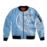 Tonga Apifo'ou Kolisi Personalized Sleeve Zip Bomber Jacket Ngatu Tokelaufeletoa Motifs LT7 Unisex Light Blue - Polynesian Pride