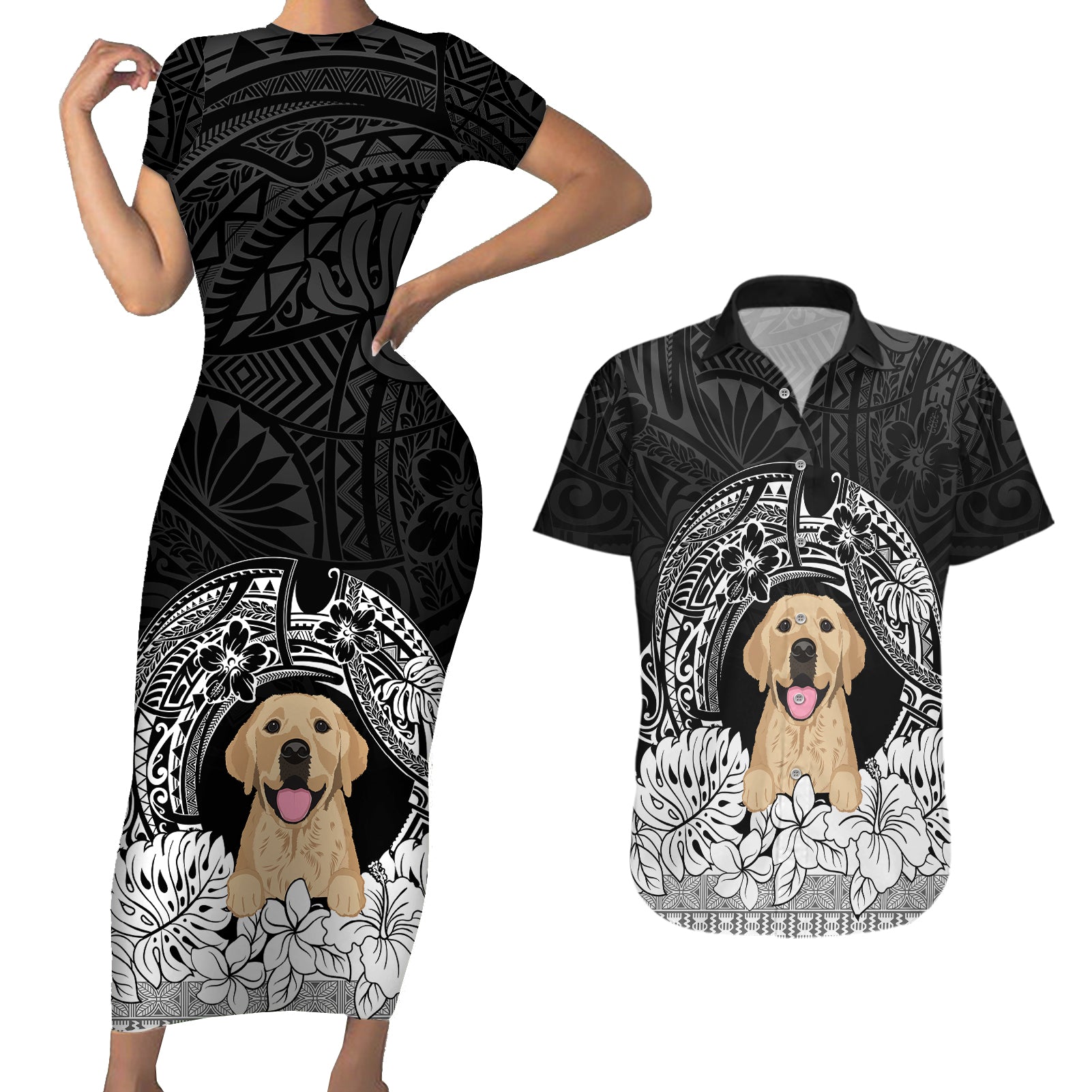 Personalised Dog Couples Matching Short Sleeve Bodycon Dress and Hawaiian Shirt Golden Retriever With Polynesian Tapa Arch LT7 Black - Polynesian Pride