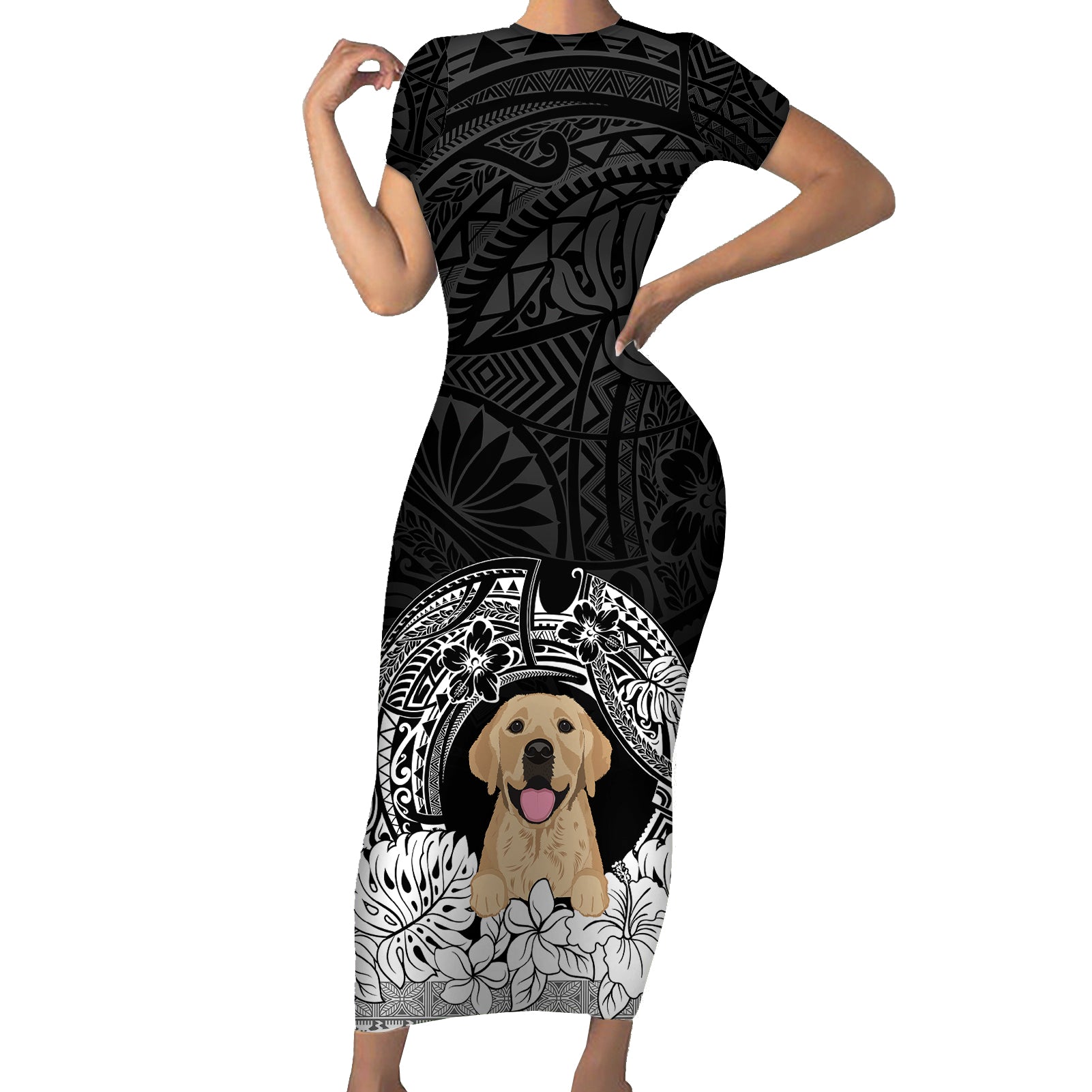 Personalised Dog Short Sleeve Bodycon Dress Golden Retriever With Polynesian Tapa Arch LT7 Long Dress Black - Polynesian Pride