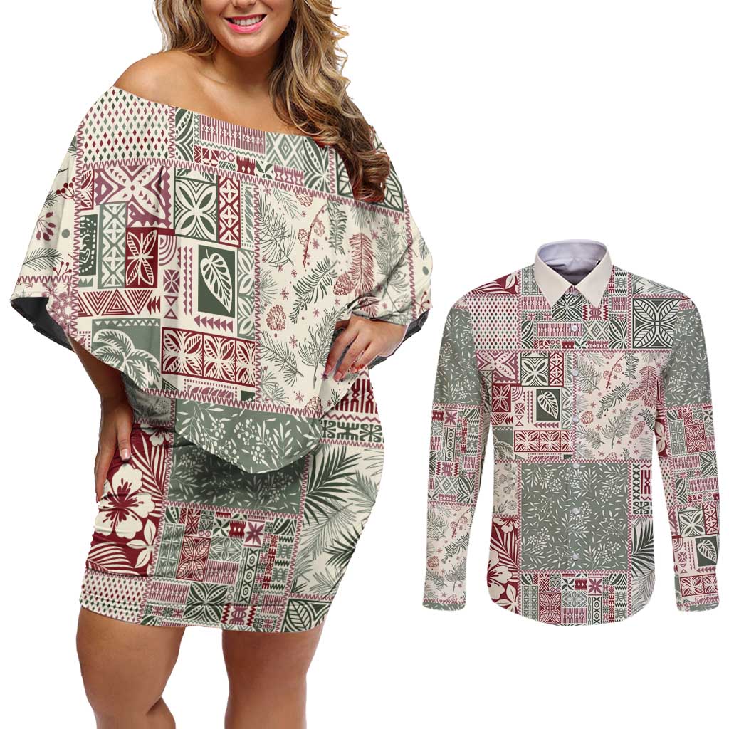 Aloha Hawaii Pastel Christmas Patchwork Couples Matching Off Shoulder Short Dress and Long Sleeve Button Shirt Classic Style LT7 Pastel Green - Polynesian Pride