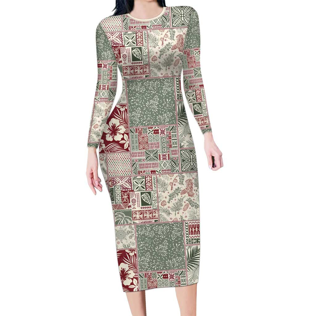 Aloha Hawaii Pastel Christmas Patchwork Long Sleeve Bodycon Dress Classic Style LT7 Long Dress Pastel Green - Polynesian Pride