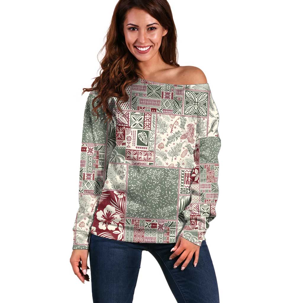 Aloha Hawaii Pastel Christmas Patchwork Off Shoulder Sweater Classic Style LT7 Women Pastel Green - Polynesian Pride