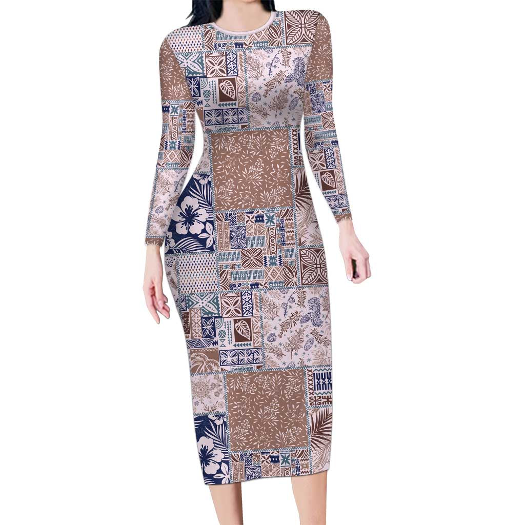 Aloha Hawaii Pastel Christmas Patchwork Long Sleeve Bodycon Dress Rustic Style LT7 Long Dress Beige - Polynesian Pride