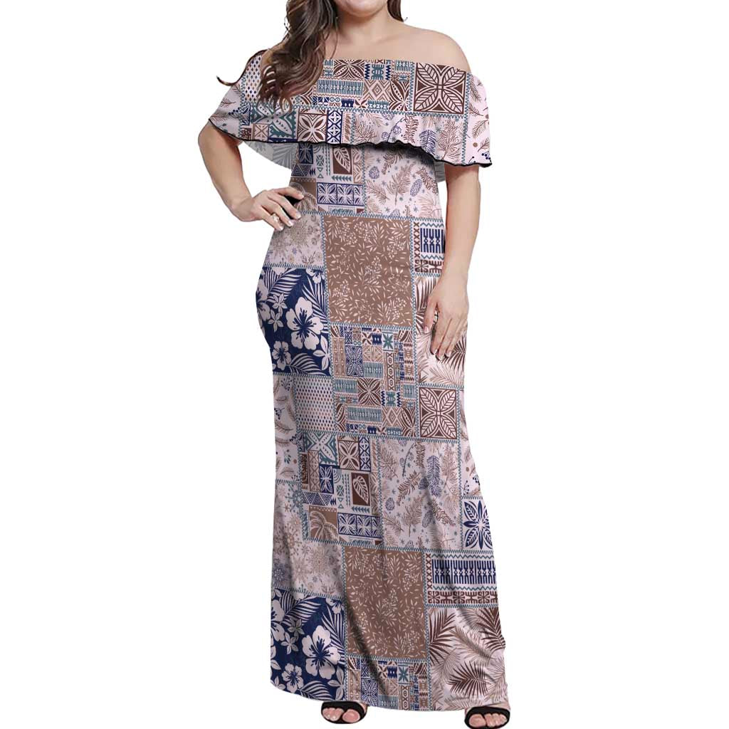 Aloha Hawaii Pastel Christmas Patchwork Off Shoulder Maxi Dress Rustic Style LT7 Women Beige - Polynesian Pride