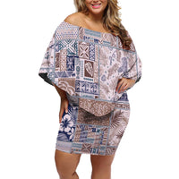 Aloha Hawaii Pastel Christmas Patchwork Off Shoulder Short Dress Rustic Style LT7 Women Beige - Polynesian Pride