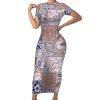 Aloha Hawaii Pastel Christmas Patchwork Short Sleeve Bodycon Dress Rustic Style LT7 Long Dress Beige - Polynesian Pride
