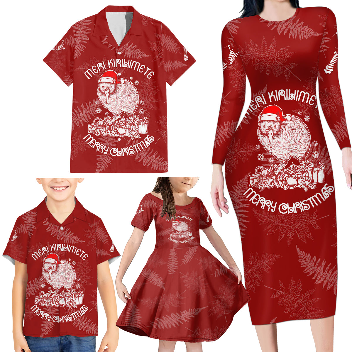 New Zealand Christmas Family Matching Long Sleeve Bodycon Dress and Hawaiian Shirt Silver Fern Mix Kiwi Bird Ver01 LT7 - Polynesian Pride