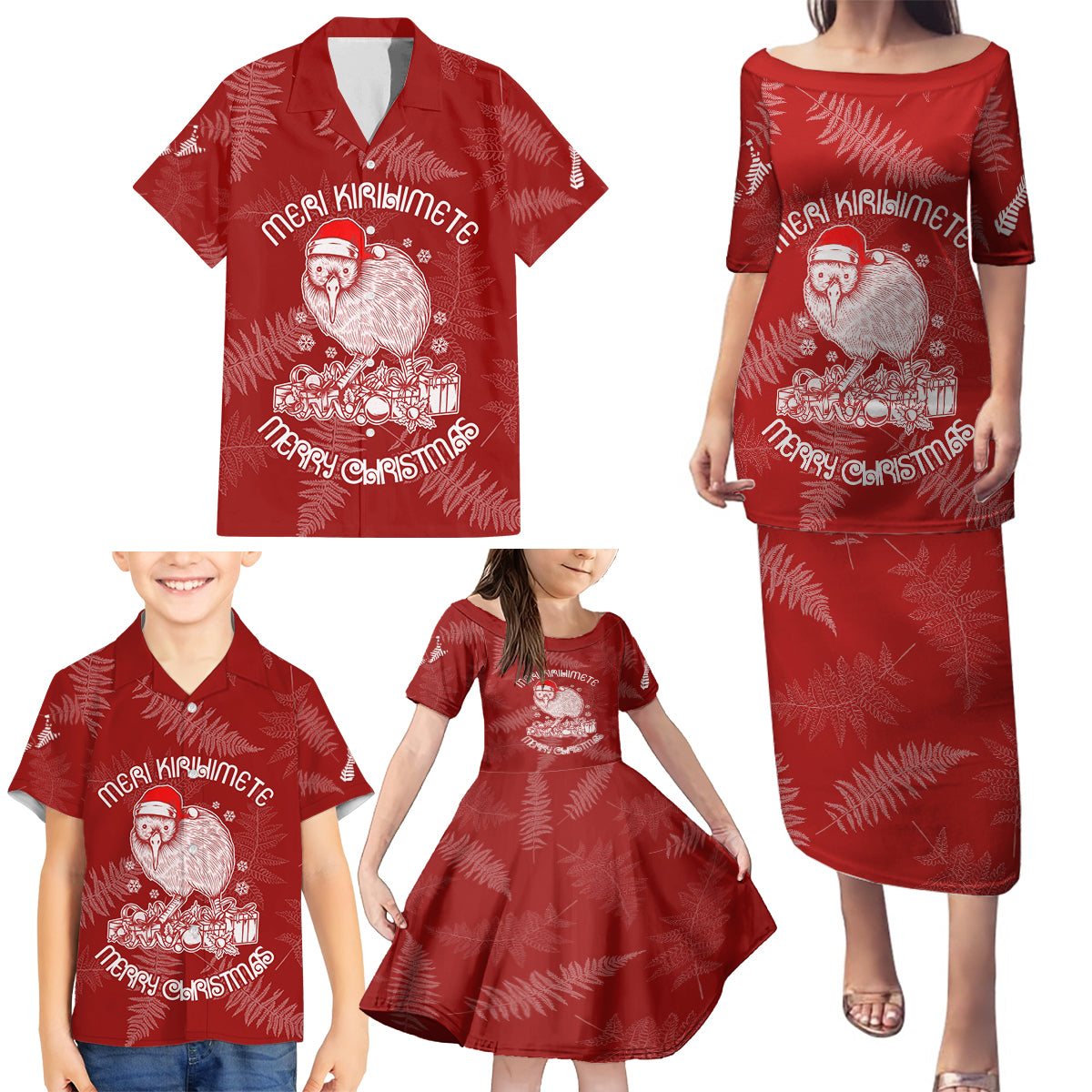 New Zealand Christmas Family Matching Puletasi Dress and Hawaiian Shirt Silver Fern Mix Kiwi Bird Ver01 LT7 - Polynesian Pride