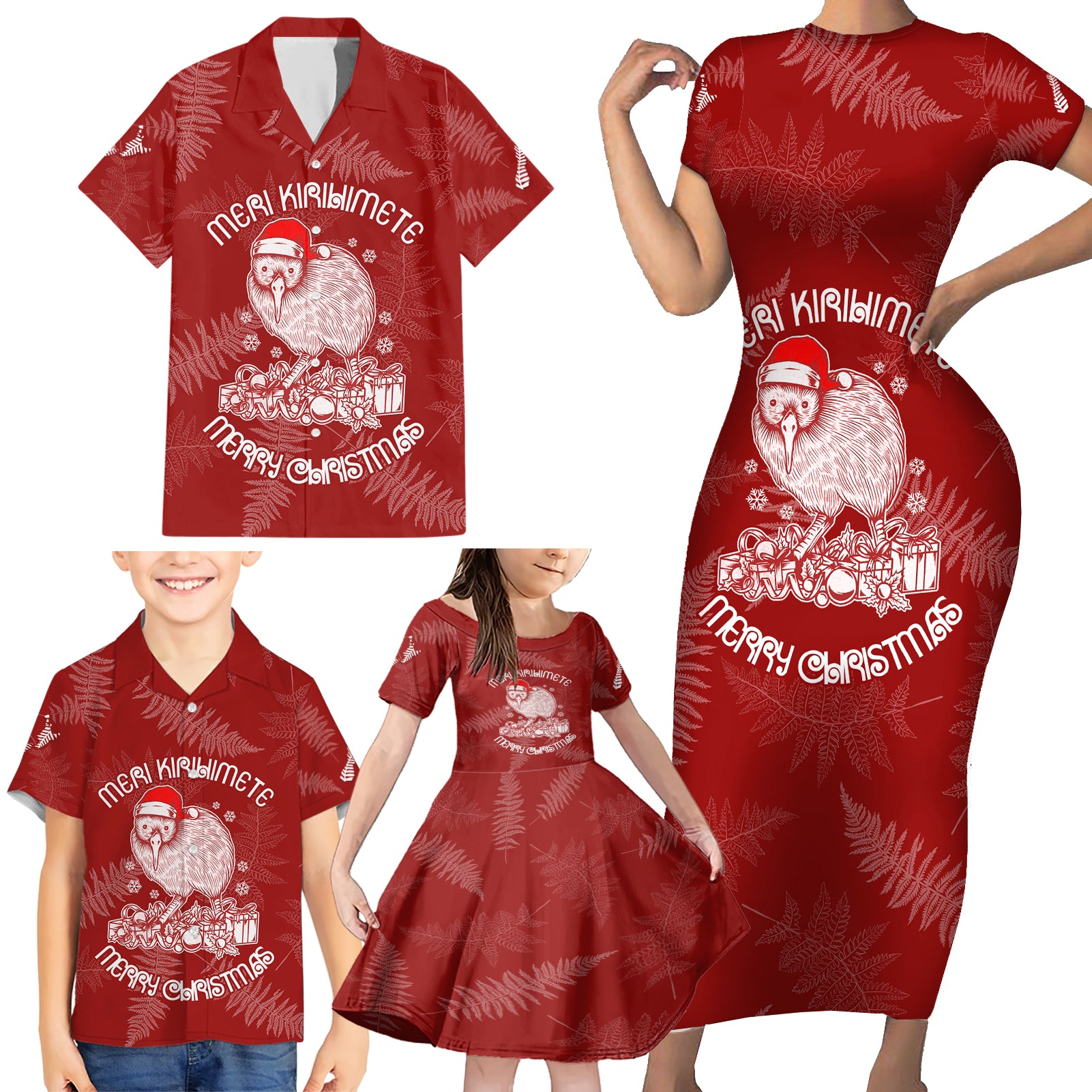 New Zealand Christmas Family Matching Short Sleeve Bodycon Dress and Hawaiian Shirt Silver Fern Mix Kiwi Bird Ver01 LT7 - Polynesian Pride