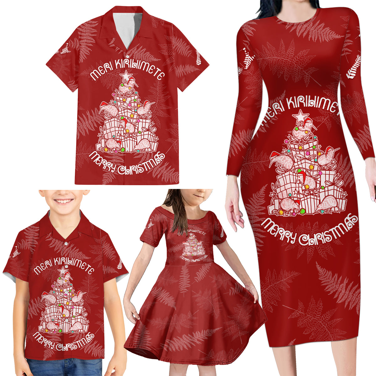 New Zealand Christmas Family Matching Long Sleeve Bodycon Dress and Hawaiian Shirt Silver Fern Mix Kiwi Bird Ver02 LT7 - Polynesian Pride