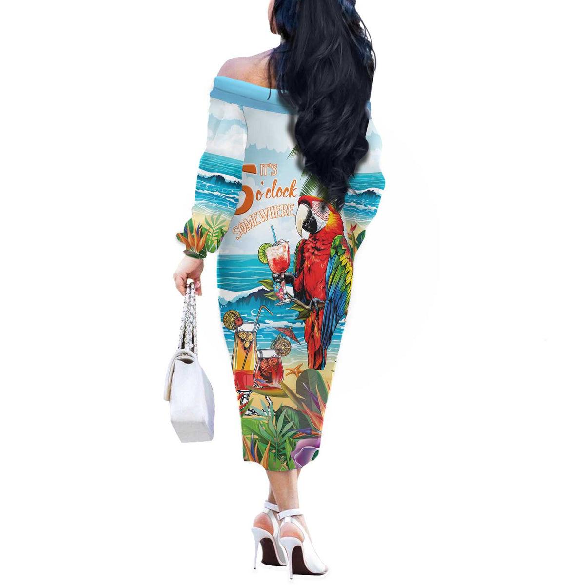 Aloha Hawaii Christmas Off The Shoulder Long Sleeve Dress It's 5 o'clock Somewhere LT7 - Polynesian Pride