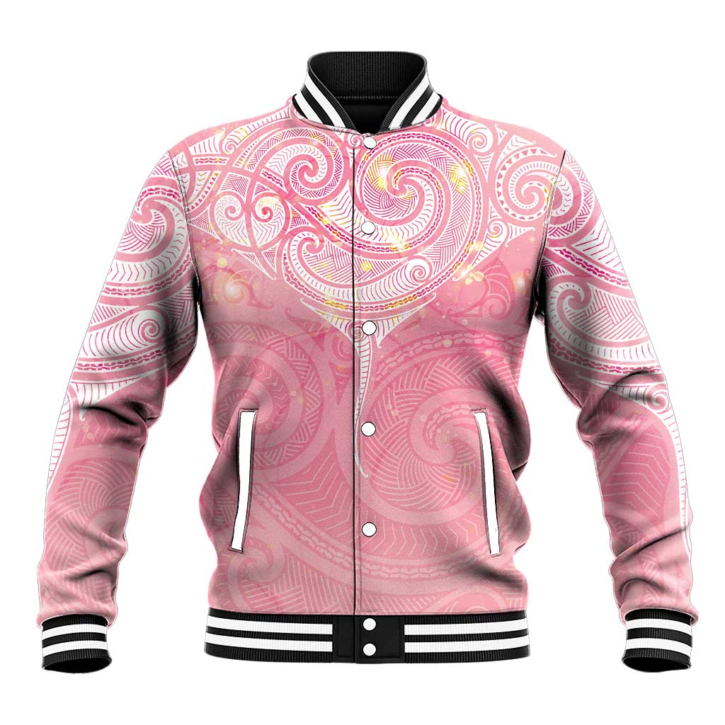 Breast Cancer Awareness Maori Aotearoa Baseball Jacket Manta Ray - Pink Glaze LT7 Unisex Pink - Polynesian Pride