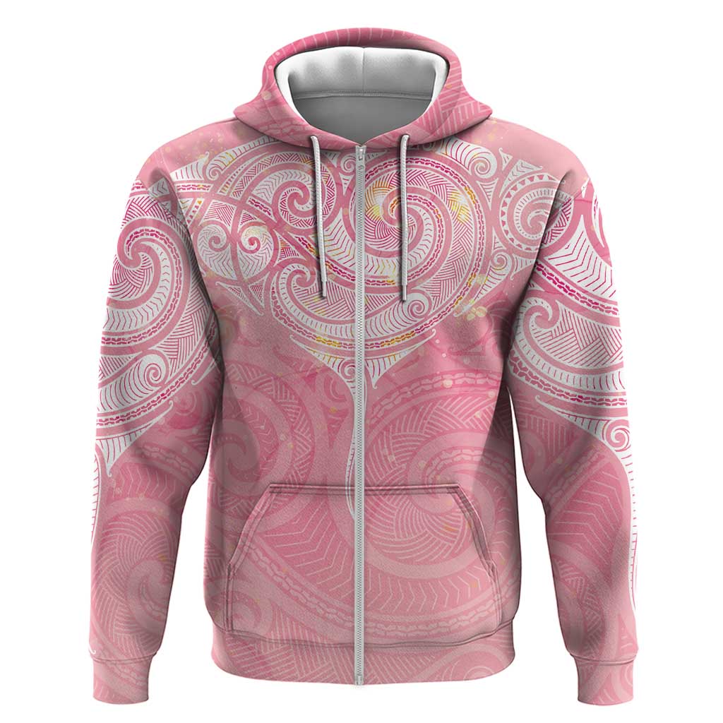 Breast Cancer Awareness Maori Aotearoa Hoodie Manta Ray - Pink Glaze LT7 Zip Hoodie Pink - Polynesian Pride