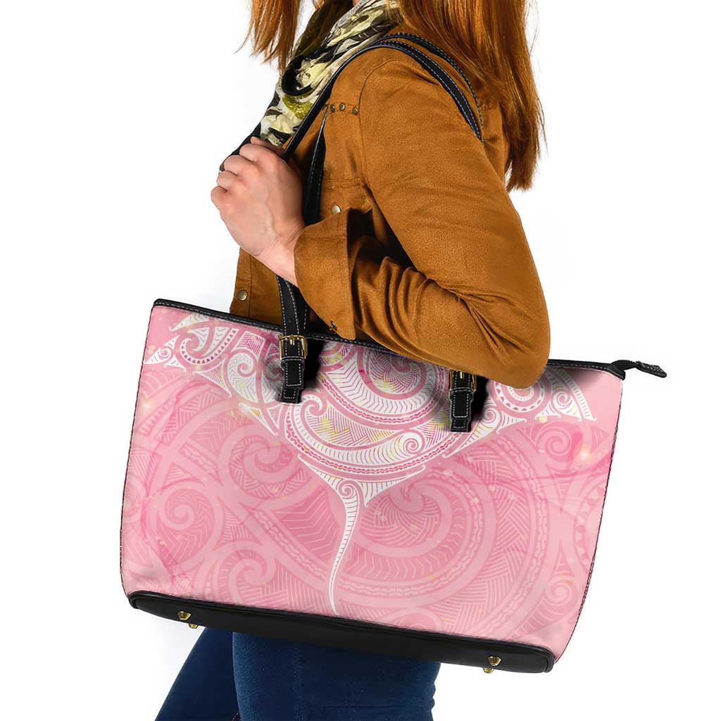 Breast Cancer Awareness Maori Aotearoa Leather Tote Bag Manta Ray - Pink Glaze LT7 Pink - Polynesian Pride