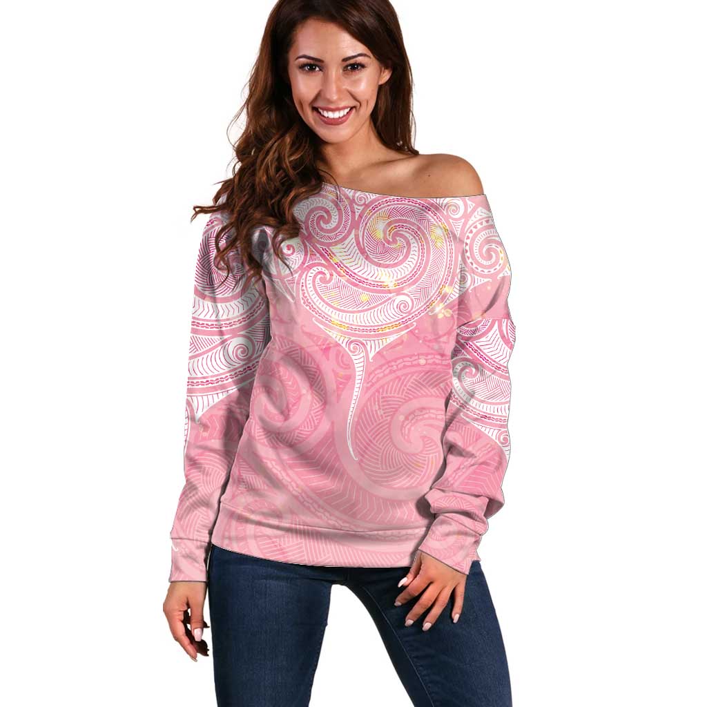 Breast Cancer Awareness Maori Aotearoa Off Shoulder Sweater Manta Ray - Pink Glaze LT7 Women Pink - Polynesian Pride