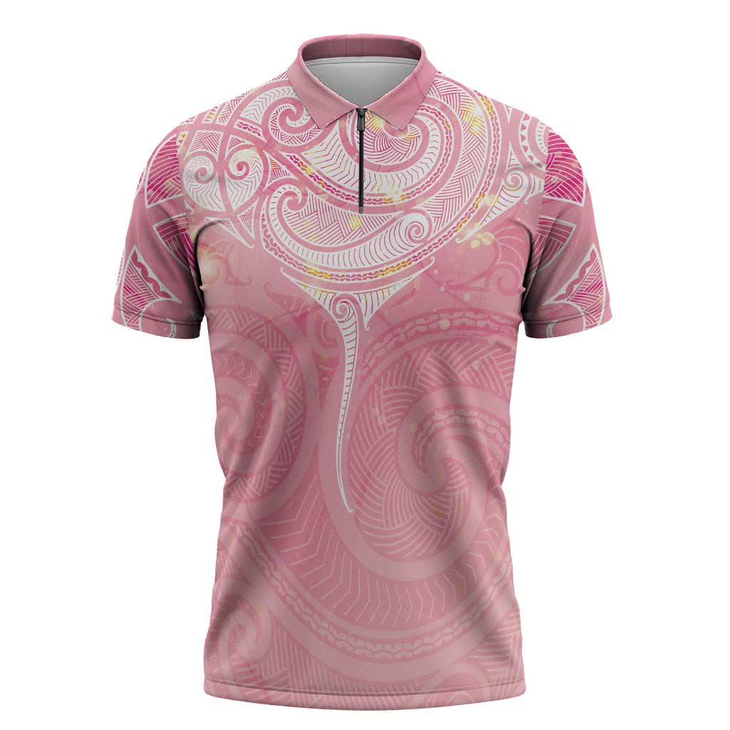 Breast Cancer Awareness Maori Aotearoa Zipper Polo Shirt Manta Ray - Pink Glaze LT7 Pink - Polynesian Pride