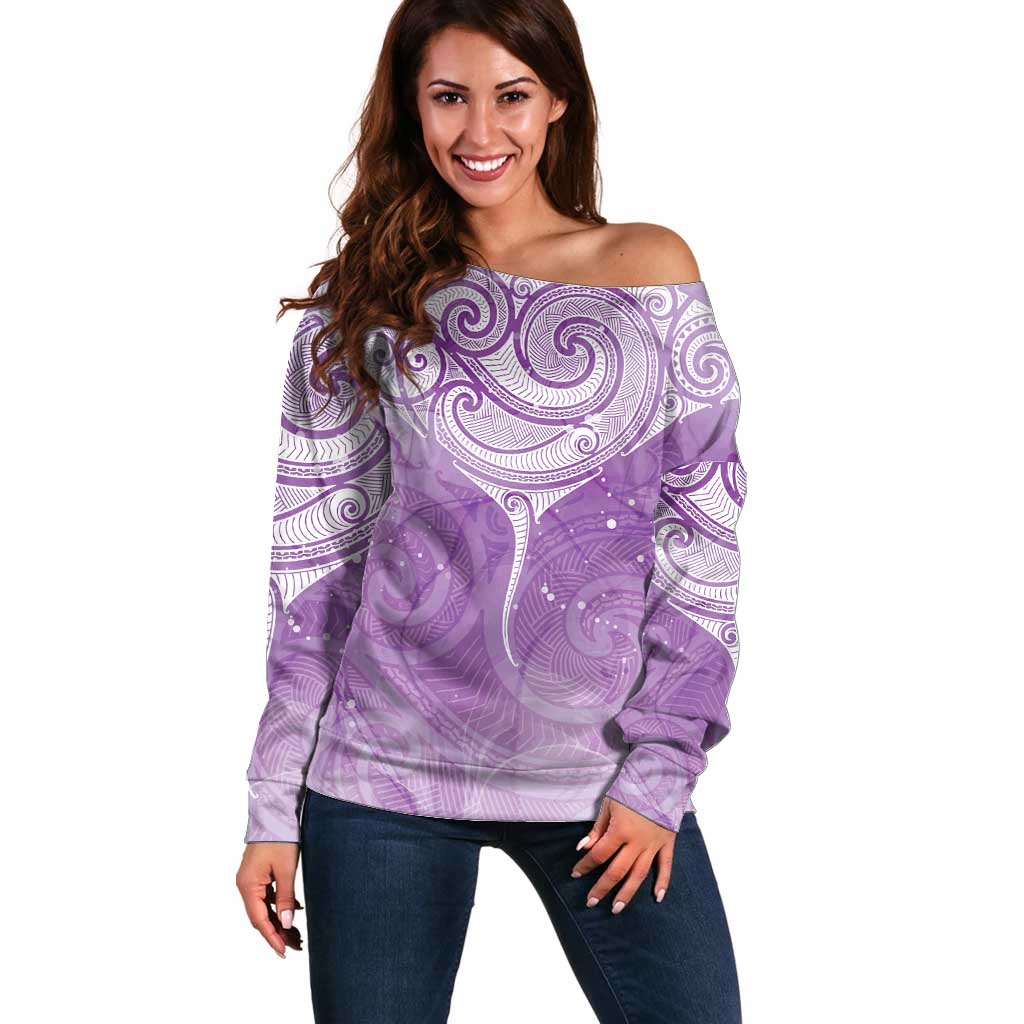 Epilepsy Awareness Maori Aotearoa Off Shoulder Sweater Manta Ray - Purple Glaze LT7 Women Purple - Polynesian Pride