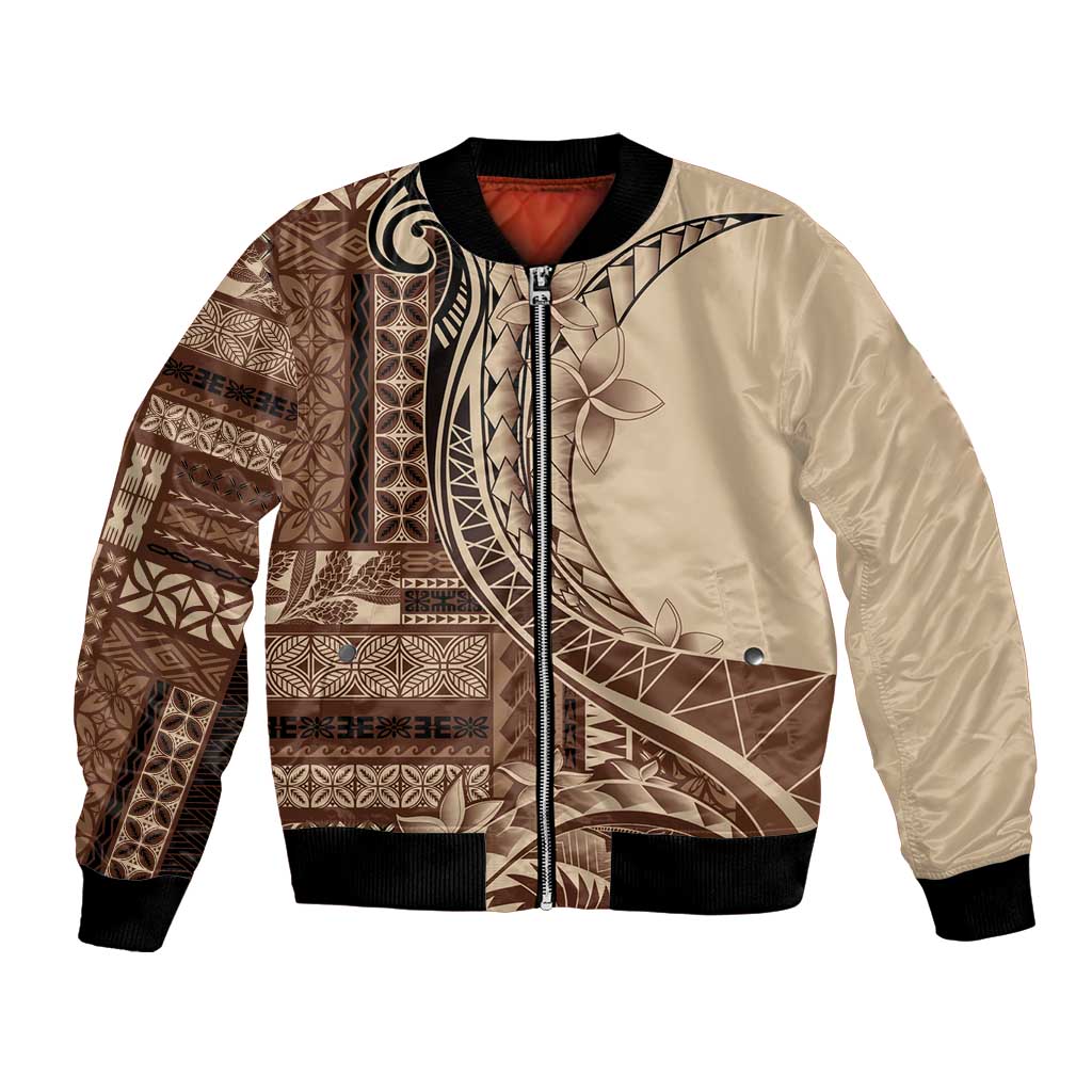 Samoa Siapo Mamanu Bomber Jacket Plumeria Mocha Motifs LT7 Unisex Mocha - Polynesian Pride