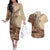 Samoa Siapo Mamanu Couples Matching Off The Shoulder Long Sleeve Dress and Hawaiian Shirt Plumeria Mocha Motifs