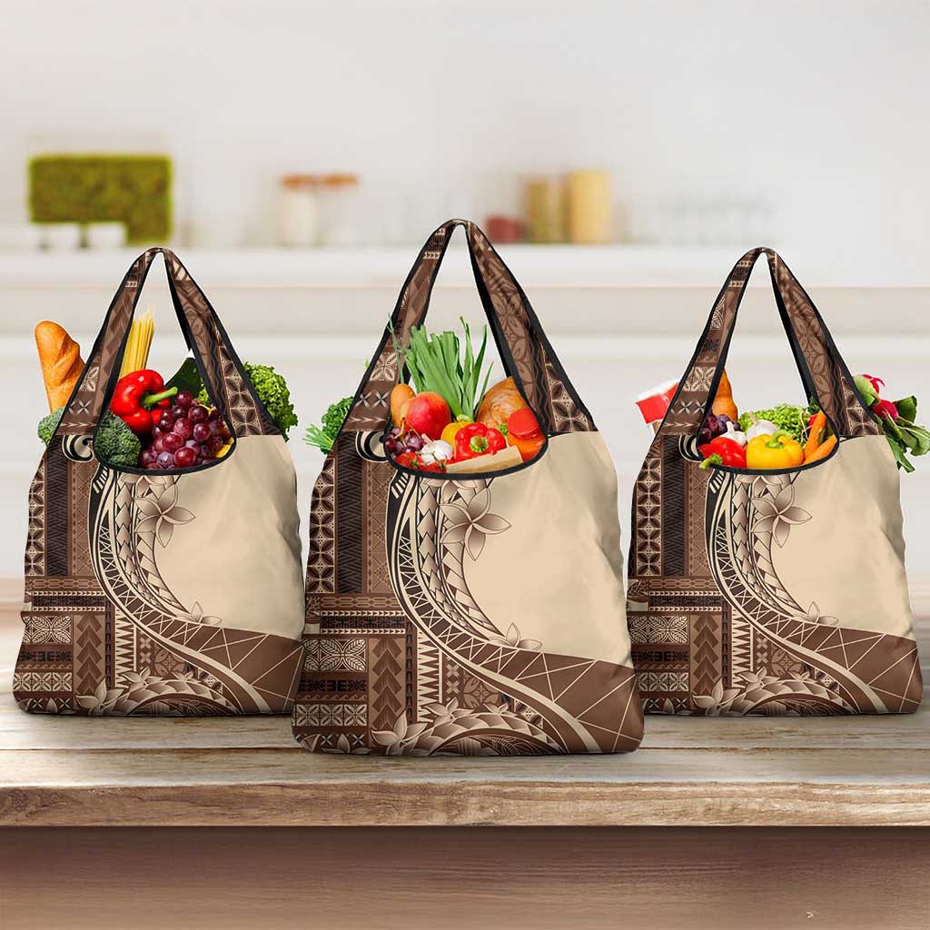 Samoa Siapo Mamanu Grocery Bag Plumeria Mocha Motifs LT7 3-pack One Size Mocha - Polynesian Pride