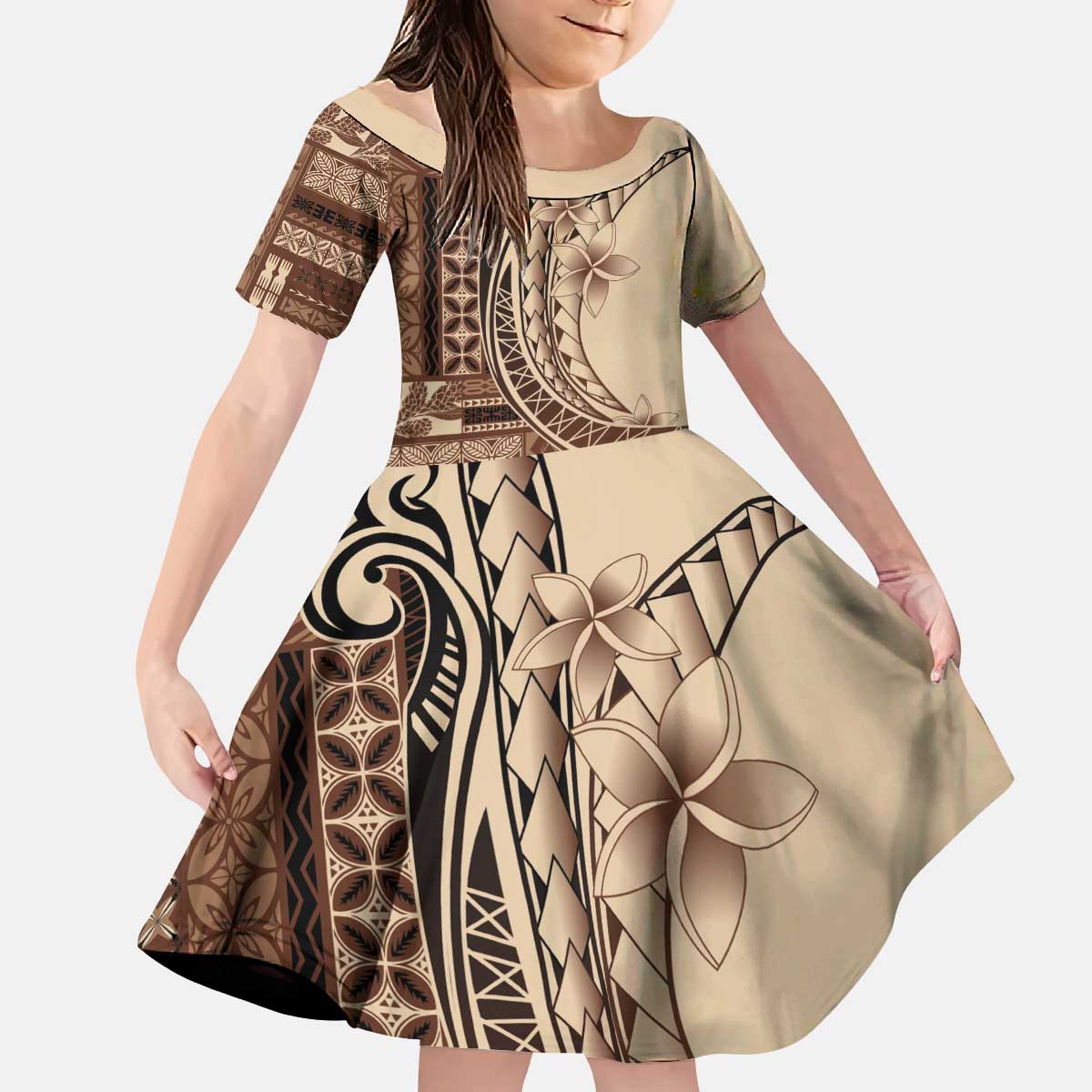Samoa Siapo Mamanu Kid Short Sleeve Dress Plumeria Mocha Motifs LT7 KID Mocha - Polynesian Pride
