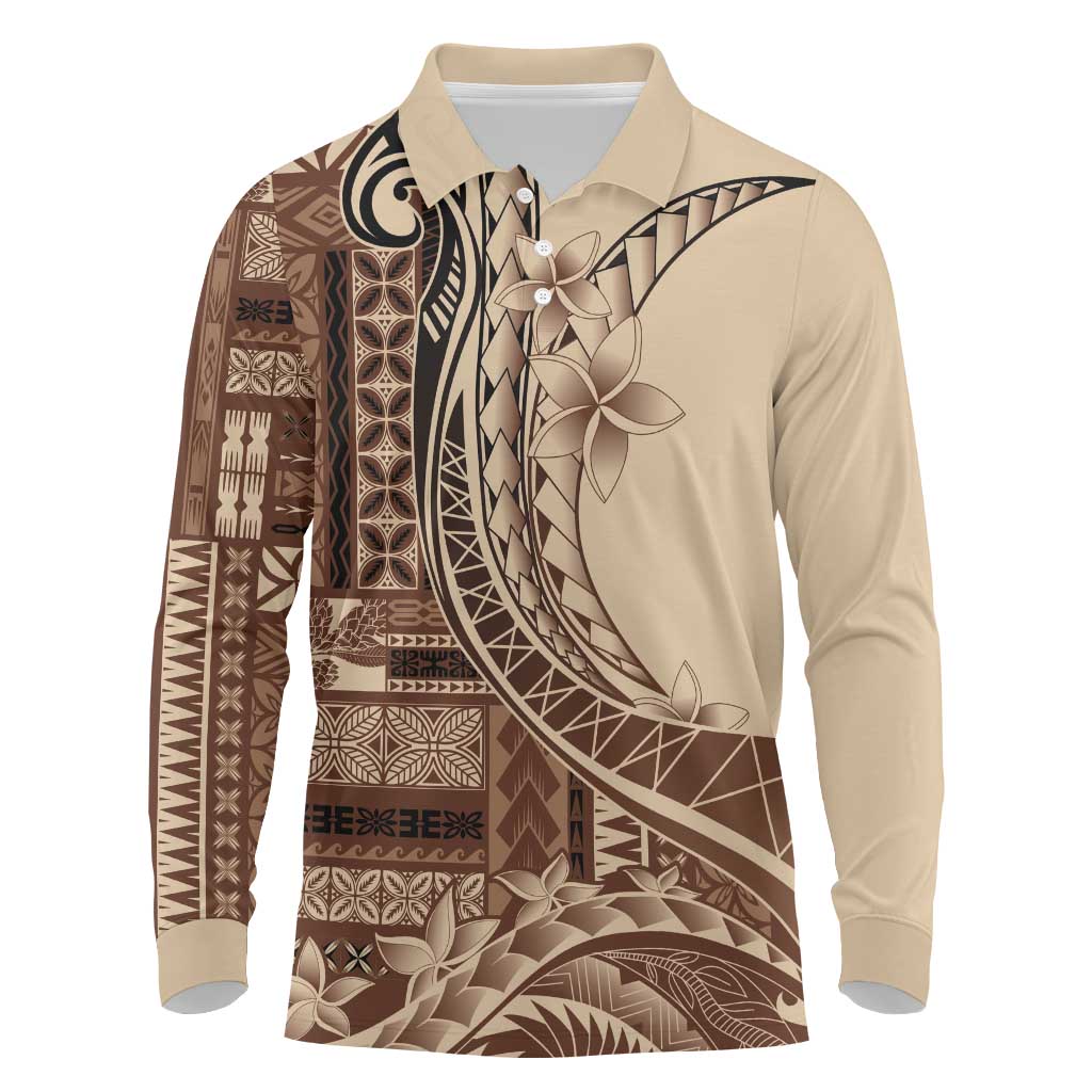 Samoa Siapo Mamanu Long Sleeve Polo Shirt Plumeria Mocha Motifs LT7 Mocha - Polynesian Pride