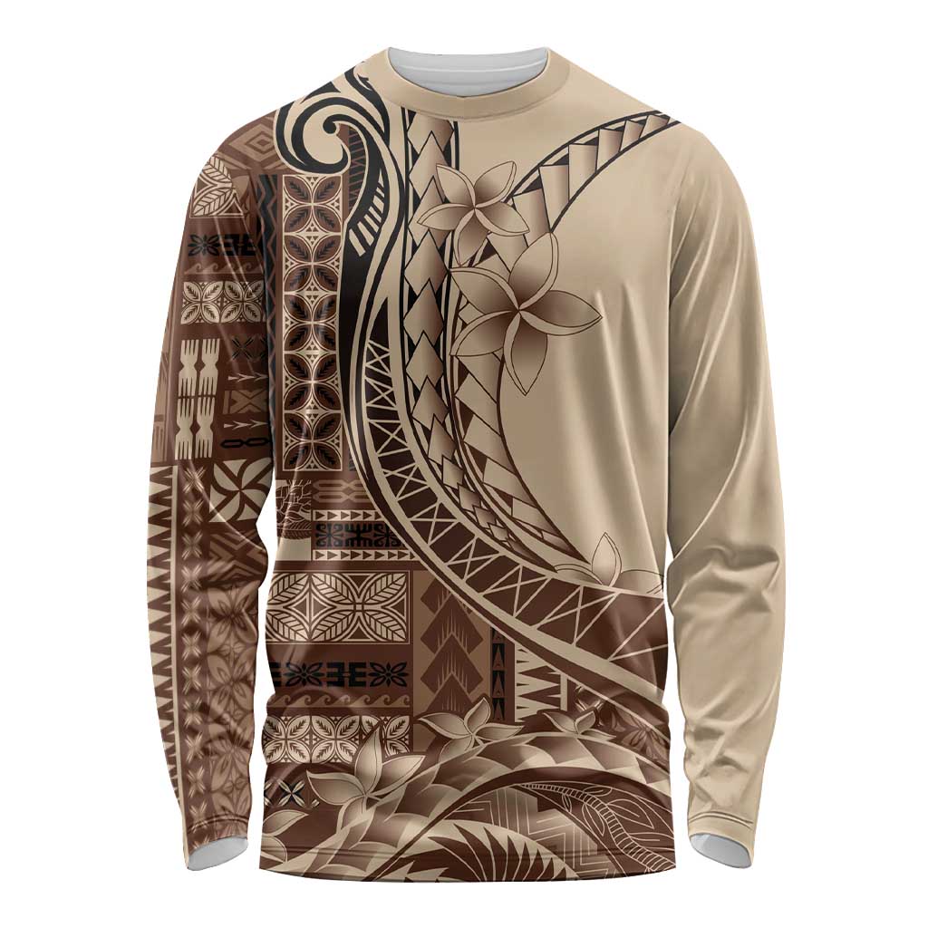 Samoa Siapo Mamanu Long Sleeve Shirt Plumeria Mocha Motifs LT7 Unisex Mocha - Polynesian Pride
