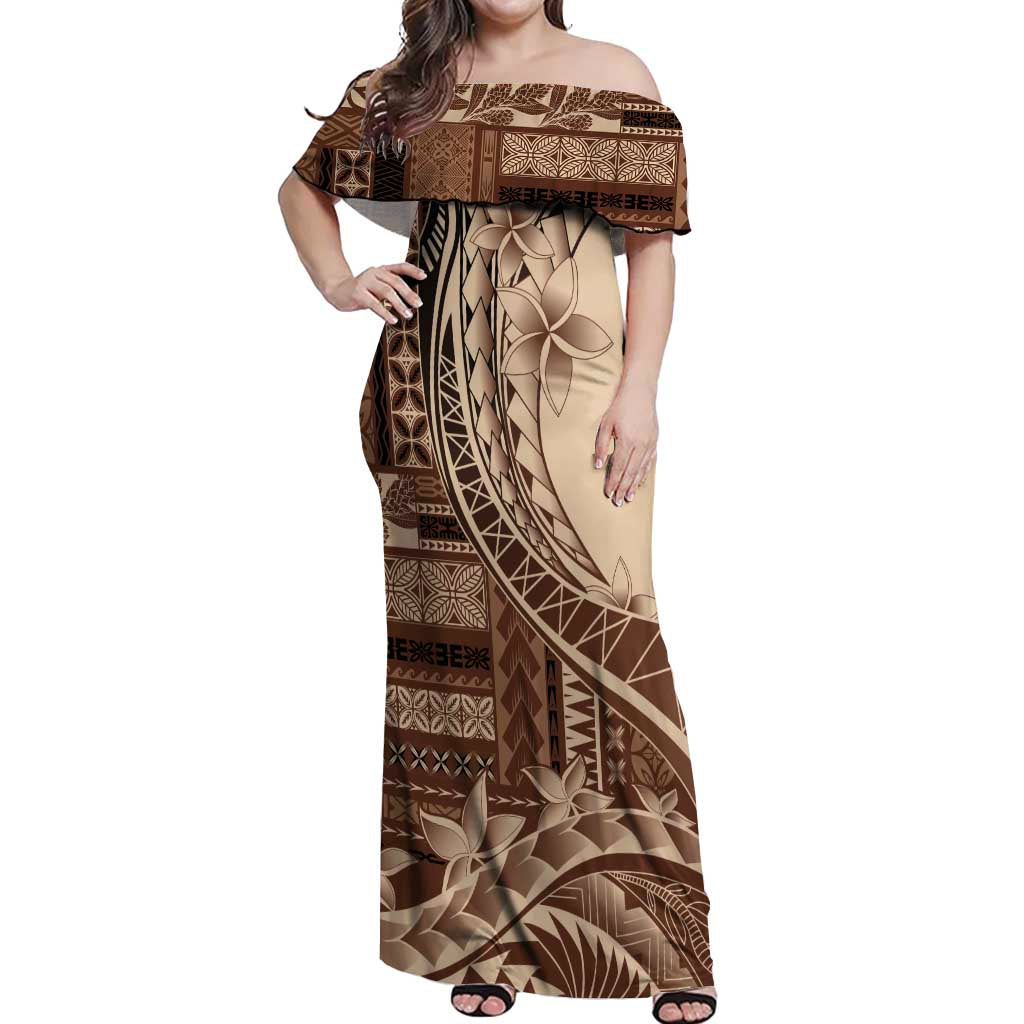 Samoa Siapo Mamanu Off Shoulder Maxi Dress Plumeria Mocha Motifs