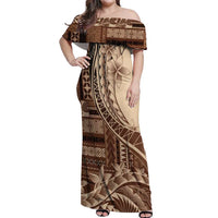 Samoa Siapo Mamanu Off Shoulder Maxi Dress Plumeria Mocha Motifs LT7 Women Mocha - Polynesian Pride