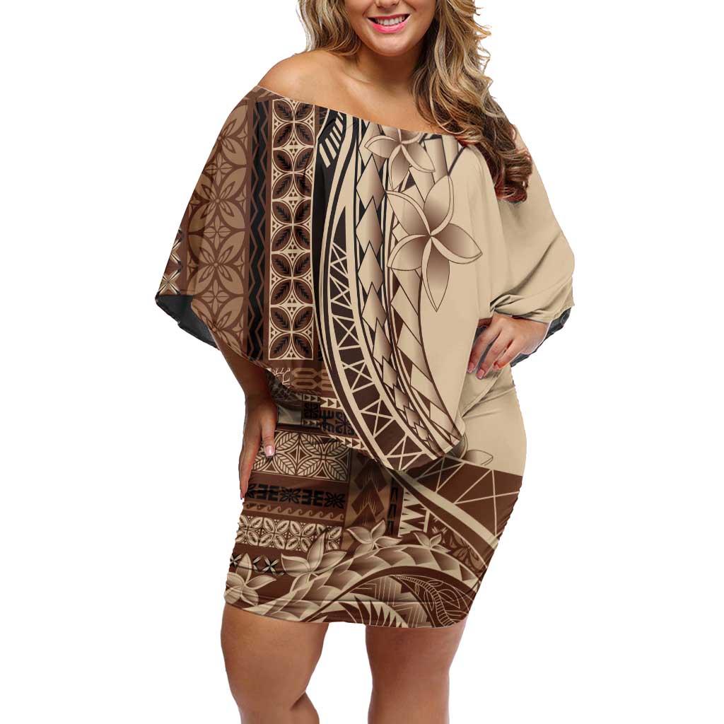 Samoa Siapo Mamanu Off Shoulder Short Dress Plumeria Mocha Motifs LT7 Women Mocha - Polynesian Pride