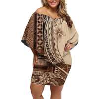 Samoa Siapo Mamanu Off Shoulder Short Dress Plumeria Mocha Motifs LT7 Women Mocha - Polynesian Pride