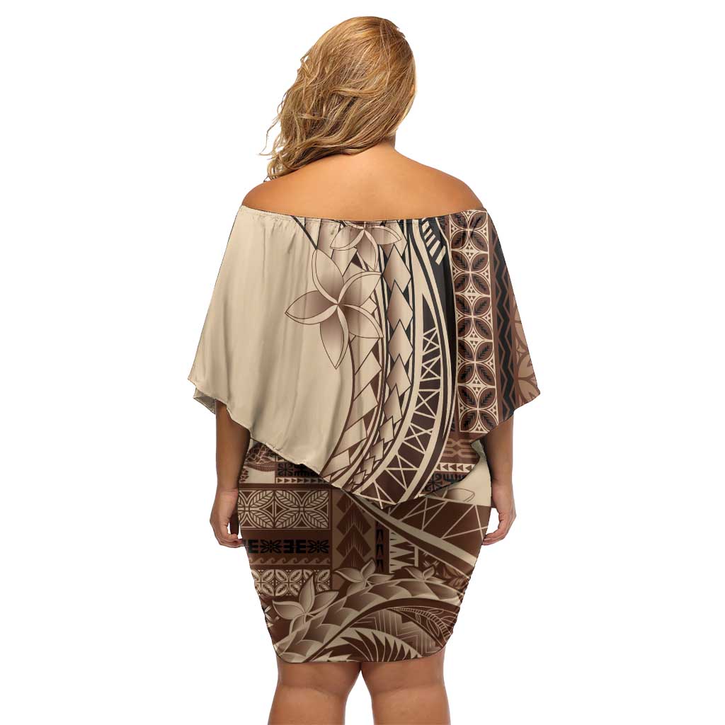 Samoa Siapo Mamanu Off Shoulder Short Dress Plumeria Mocha Motifs LT7 - Polynesian Pride