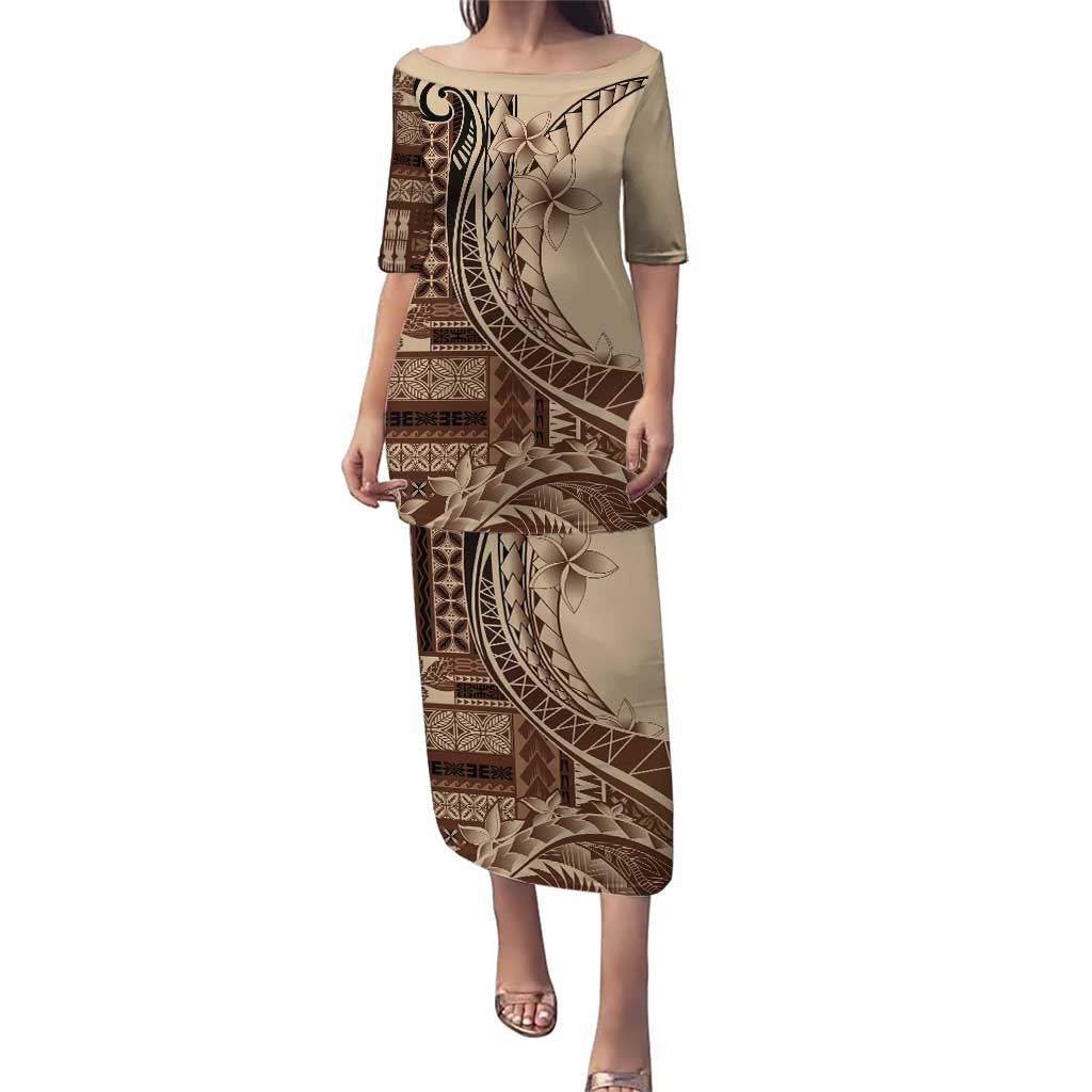 Samoa Siapo Mamanu Puletasi Plumeria Mocha Motifs LT7 Long Dress Mocha - Polynesian Pride