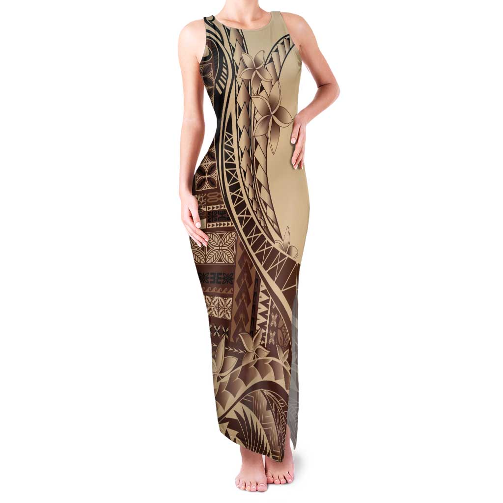 Samoa Siapo Mamanu Tank Maxi Dress Plumeria Mocha Motifs