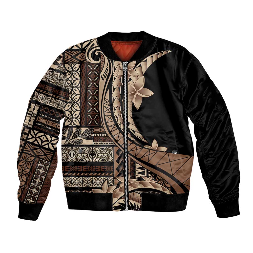 Samoa Siapo Mamanu Bomber Jacket Plumeria Black Motifs LT7 Unisex Black - Polynesian Pride
