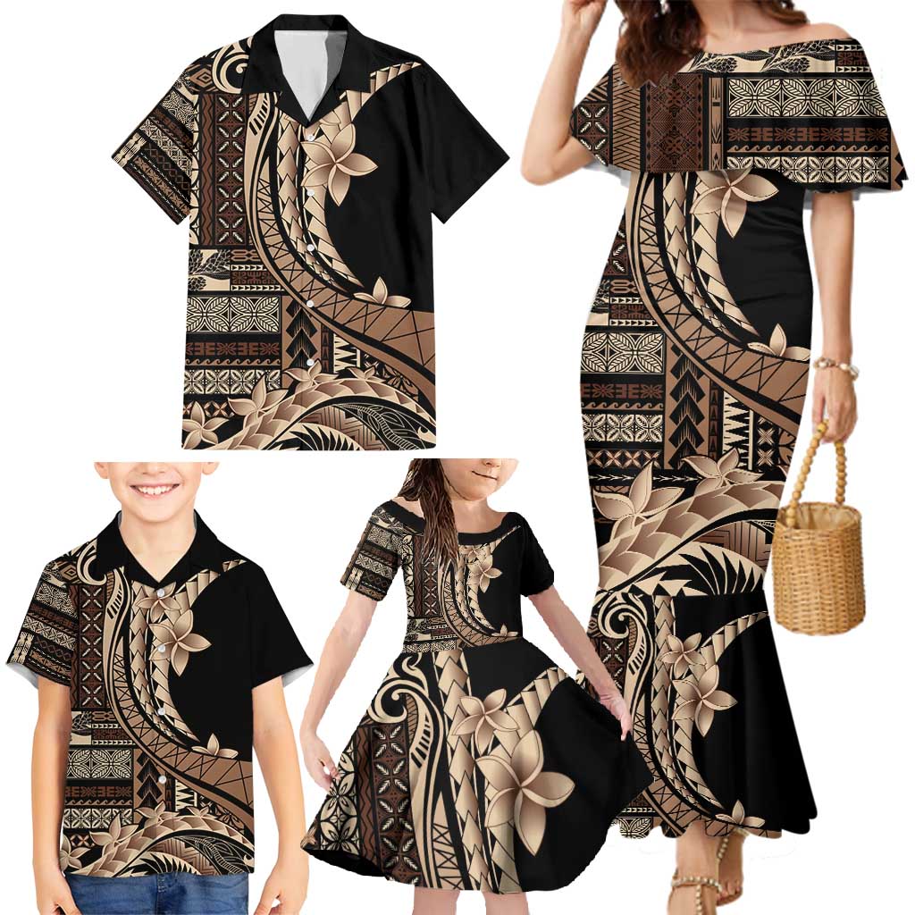 Samoa Siapo Mamanu Family Matching Mermaid Dress and Hawaiian Shirt Plumeria Black Motifs