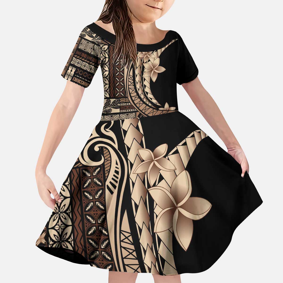 Samoa Siapo Mamanu Kid Short Sleeve Dress Plumeria Black Motifs LT7 KID Black - Polynesian Pride