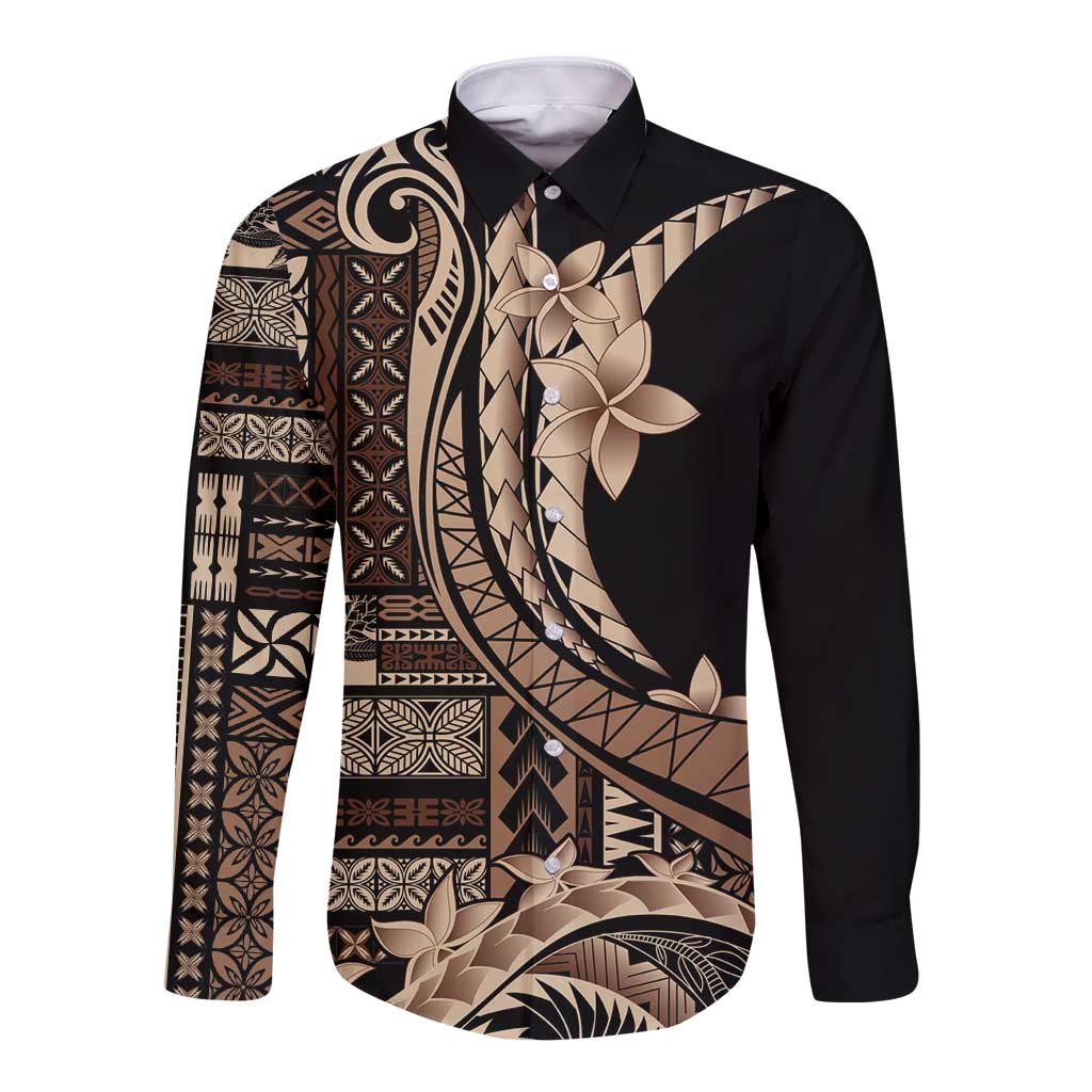 Samoa Siapo Mamanu Long Sleeve Button Shirt Plumeria Black Motifs LT7 Unisex Black - Polynesian Pride