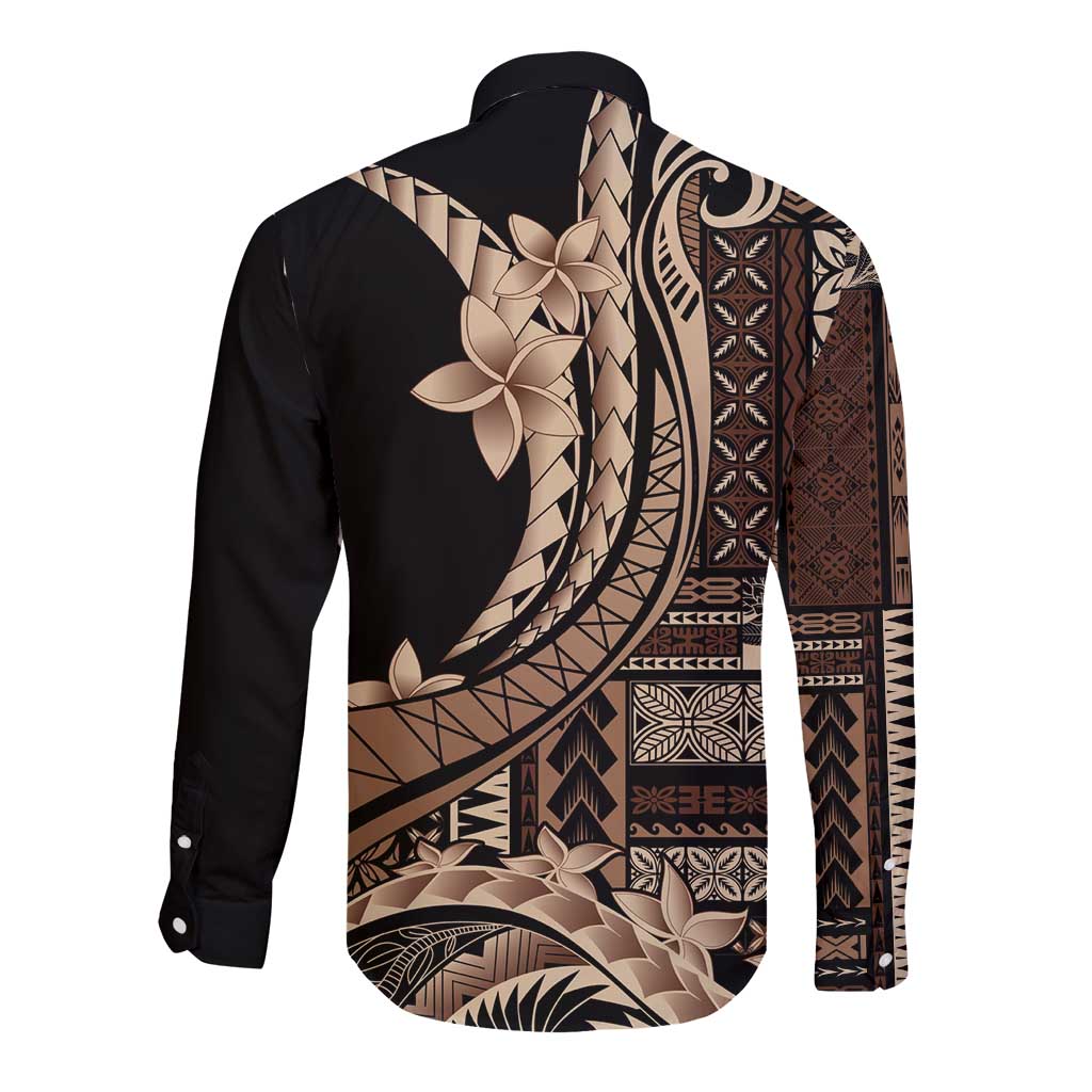 Samoa Siapo Mamanu Long Sleeve Button Shirt Plumeria Black Motifs LT7 - Polynesian Pride