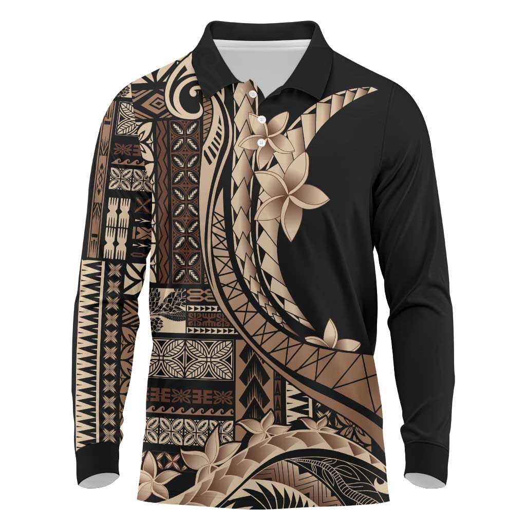 Samoa Siapo Mamanu Long Sleeve Polo Shirt Plumeria Black Motifs LT7 Black - Polynesian Pride
